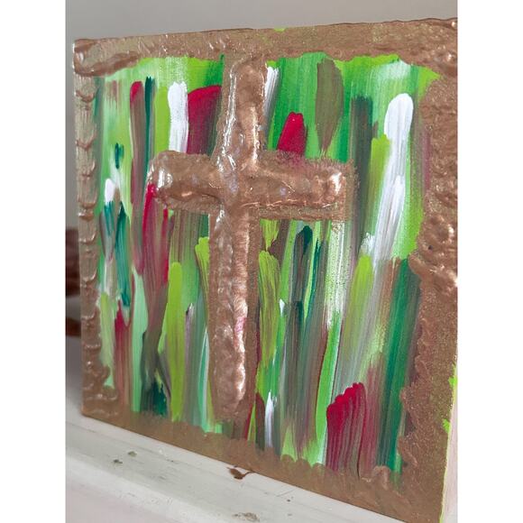 Gold Cross Wood Hand Painted Wall Art 5x5 Block Raised Cross Christmas Style - Picture 8 of 9